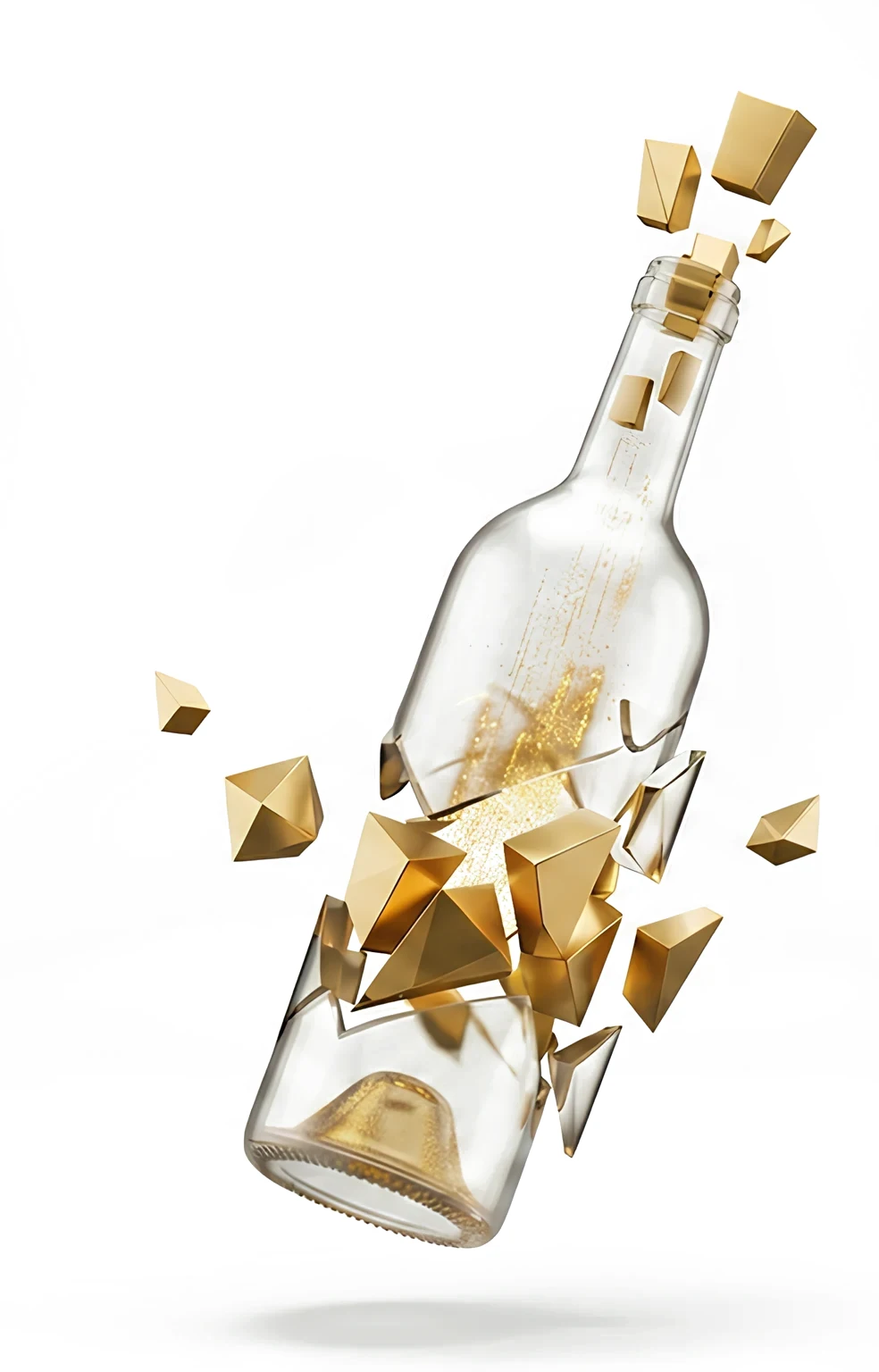 Broken bottle of wine full of gold lingots